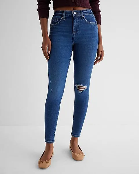 Mid Rise Dark Wash Ripped Skinny Jeans