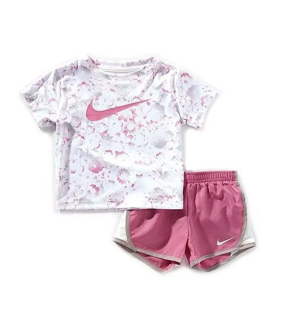 Little Girls Short-Sleeve Floral-Printed/Swoosh-Motif T-Shirt & Color Block Tempo Shorts Set