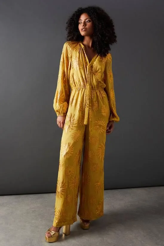 Sun Metallic Jacquard Tie Neck Jumpsuit