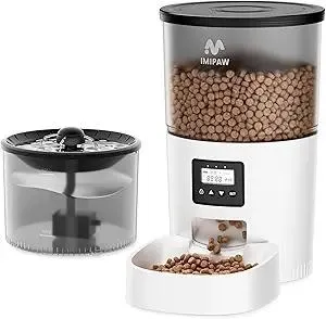 Automatic Cat Feeder and Water Fountain, Timed Pet Dry Food Dispenser, Programmable Portion Control, 1-6 Meals Per Day, Cat Fountains for Drinking with Filter, Small Pets (3L Combo)