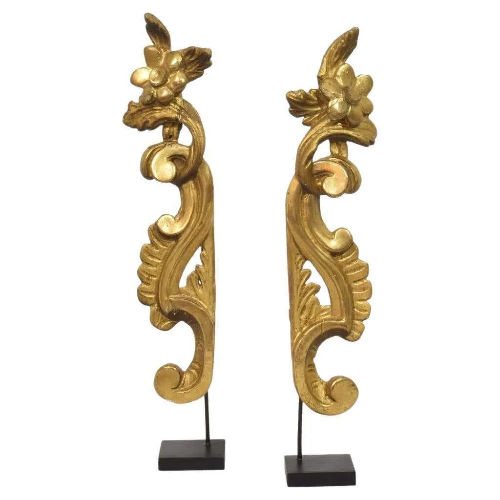 Pair 18th Century Italian Hand Carved Giltwood Baroque Curl Ornaments