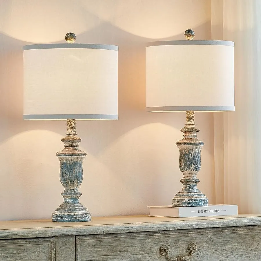 KAWOTI 22-in Distressed Blue LED Rotary socket Table Lamp with Linen Shade 2 -Set