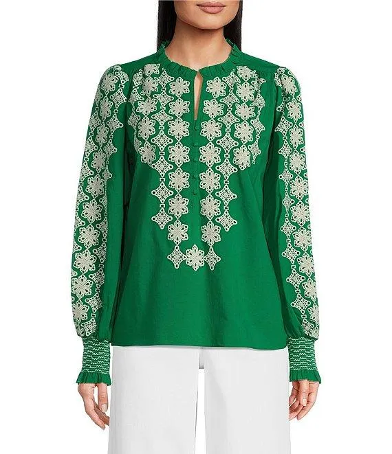 Woven Embroidered Floral Ruffled Slit Round Button Front Neck Long Blouson Sleeve Hi-Low Shirttail Blouse