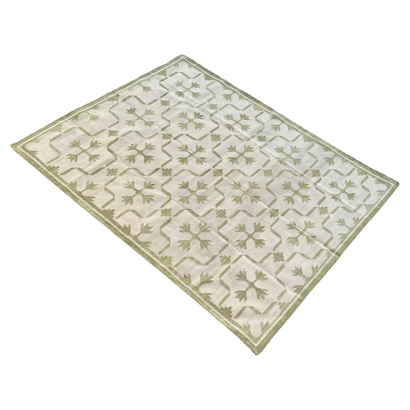 Handmade Cotton Flat Weave Area Rug, 6x9 Beige And Green Leaf Indian Dhurrie Rug