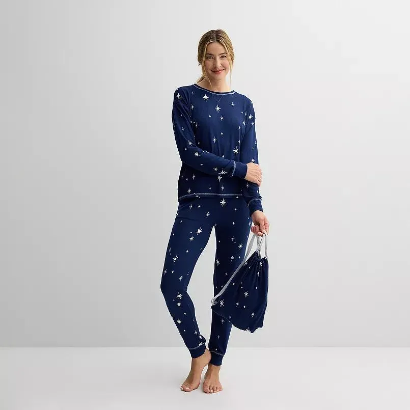 Women's Sonoma Goods For Life® 3-Piece Knit Pajama Top, Pajama Pants & Pouch Set