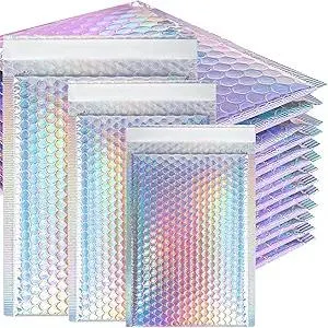50 Pcs Metallic Bubble Mailers,Poly Padded Envelopes,Waterproof Self Seal Adhesive Shipping Bags,Foil Glitter Glamour Shipping Mailer,Holographic Cushion Envelopes for Mailing,Packing,Small Business