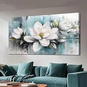 Ardemy Magnolia Wall Art for Living Room, Extra Large White Floral Canvas Wall Art Bedroom Painting Pictures Wall Decor Teal Flower Artwork for Walls Home Office Dining Room, 40"x20"