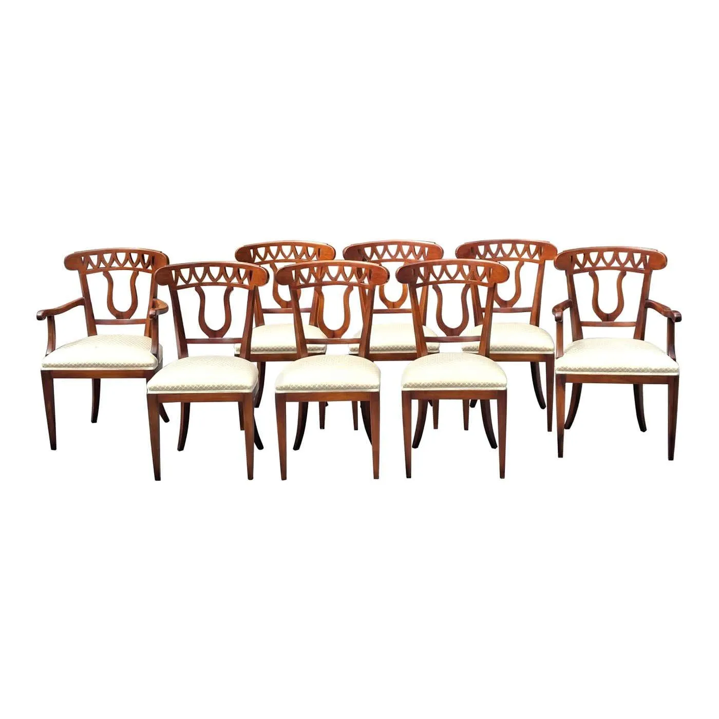 Set Eight Fratelli Sanvito Neoclassical Fruitwood and Upholstered Dining Chairs
