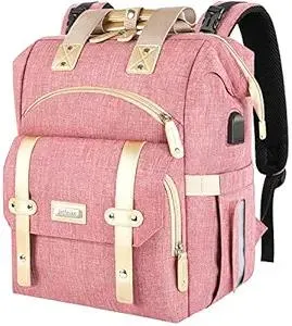 Jiefeike Diaper Bag Backpack, Pink Baby Girls Diaper Bag for Mom, Travel Baby Bags Backpack for Women, Insulated Pockets Portable toddler diaper bag with USB Charging Port, RFID Anti-Theft Pocket