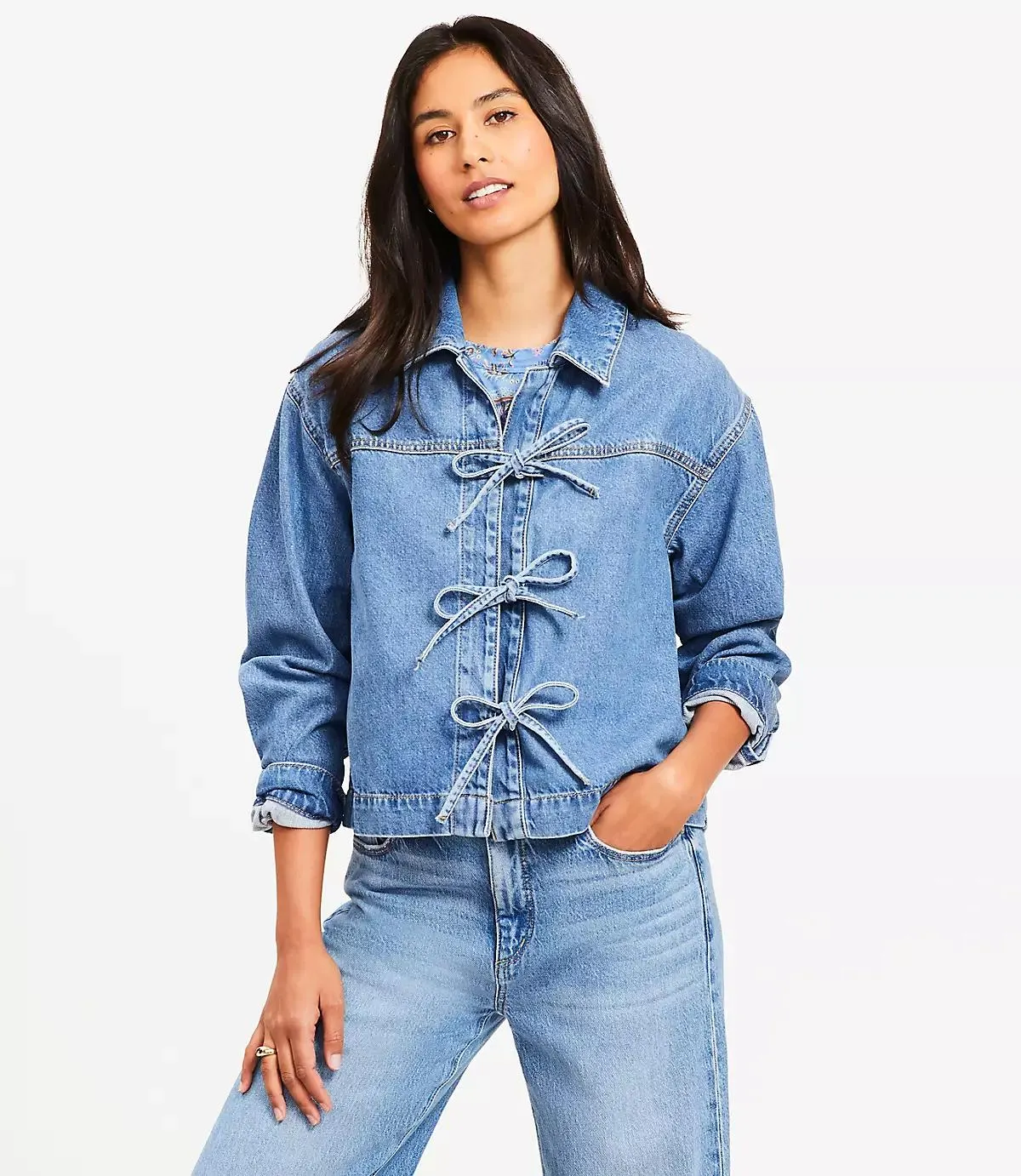 Denim Bow Top in Bright Mid Indigo Wash