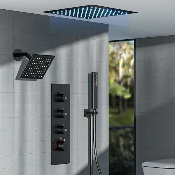Chromotherapy 7-Spray Square 12in. Rain LED Shower System with 6in. Shower Head Handheld shower in Matte Black 2.5 GPM