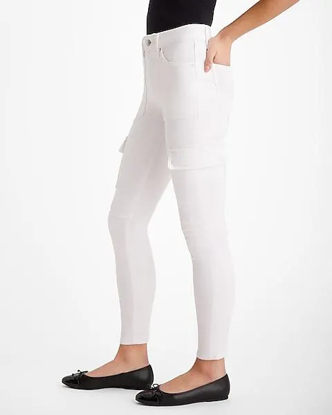 Mid Rise White Skinny Cargo Jeans