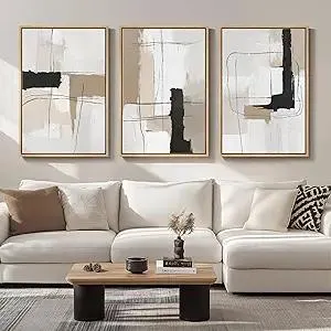 Large Framed Neutral Abstract Wall Art for Living Room, Set of 3 Modern Black and White Beige Canvas Prints Paintings Artwork for Walls, Minimalist Pictures for Bedroom Hallway Wall Decor 24x36 In