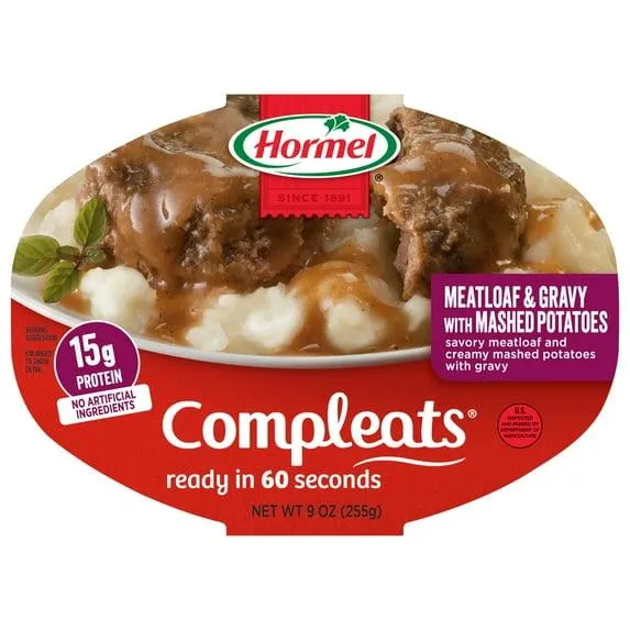 HORMEL COMPLEATS Meatloaf and Gravy with Mashed Potatoes, Shelf Stable 9 oz Plastic Tray