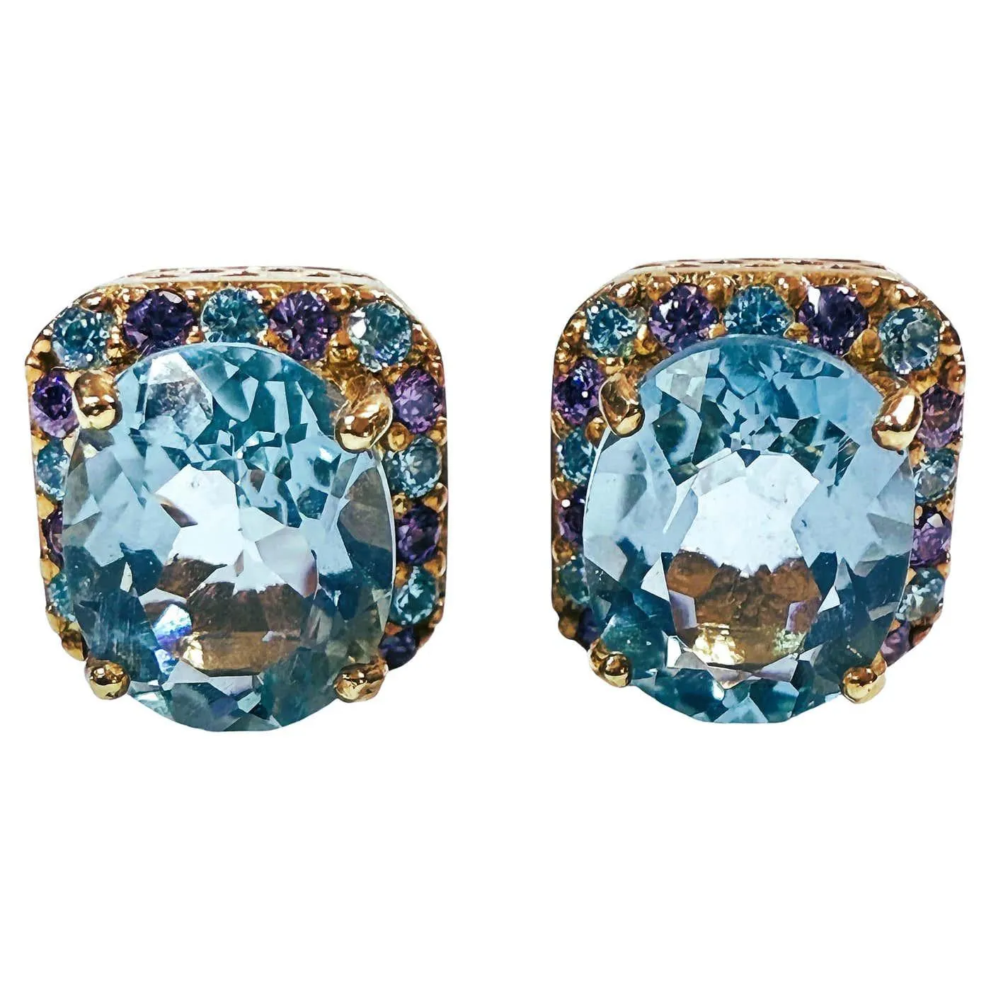 New 3.10 Carat Aquamarine & Diamond Cut Sapphire R Gold PL Sterling Earrings