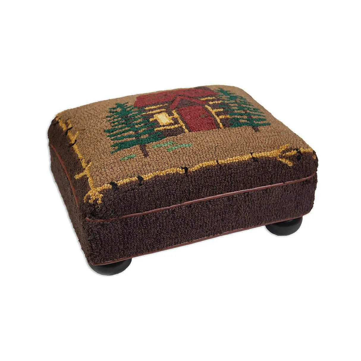 Cabin Hand-Hooked Wool and Leather Stool