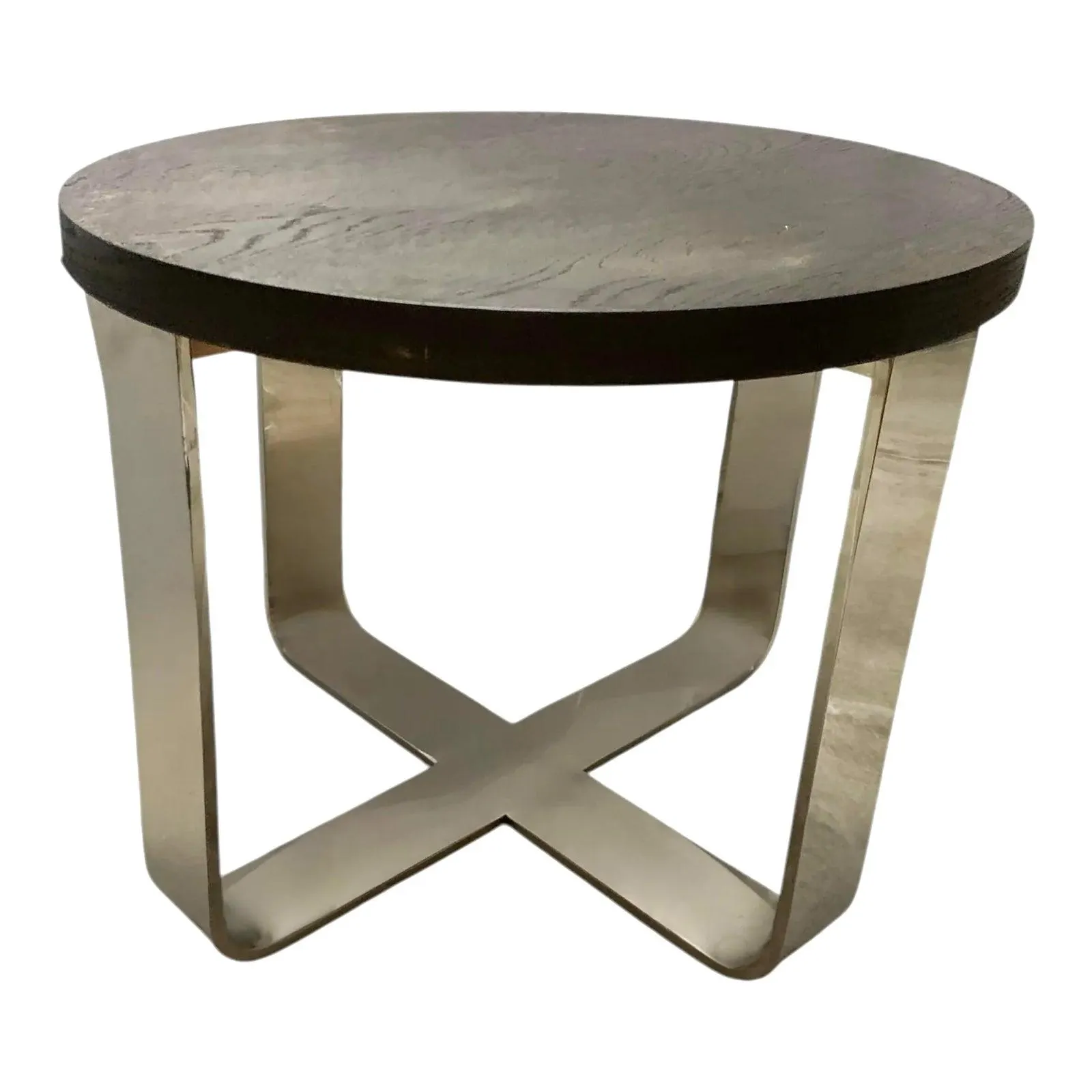 Coffee Table Heavy Round Wood Top on Cross Chrome Mid-Century Modern Style