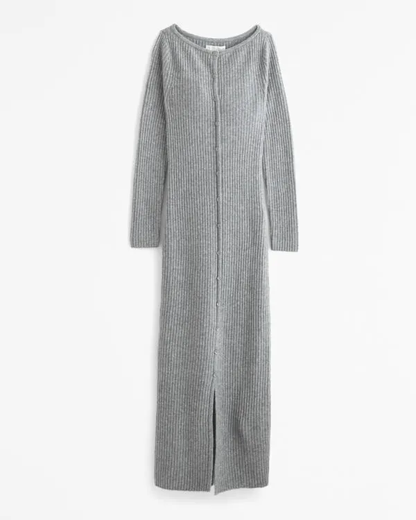Long-Sleeve Button-Through Maxi Sweater Dress
