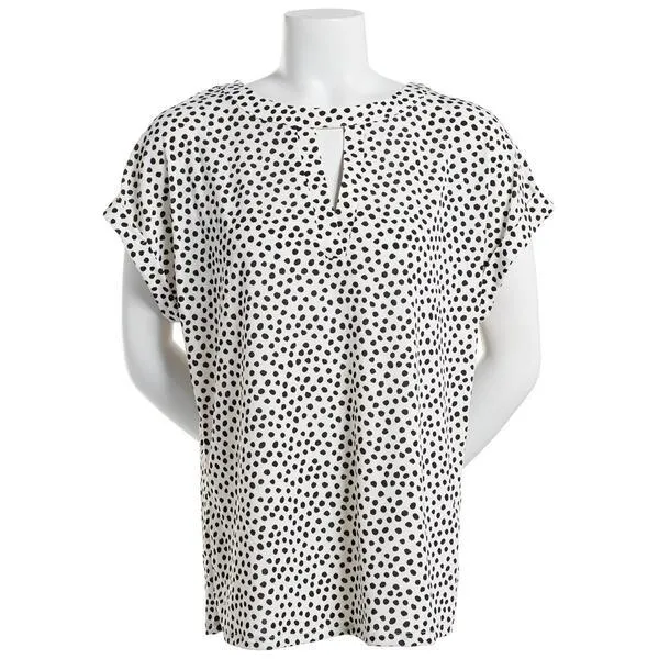 Womens Cure Short Sleeve Knit Dot Print Crepe Split Neck Blouse