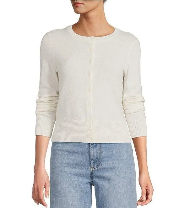 Lindsay Crew Neckline Long Sleeve Button Front Cashmere Cardigan