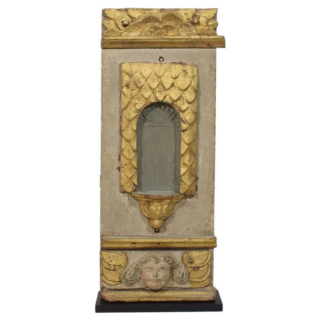 17th Century French Carved Oak Baroque Altar Niche with Angel Head