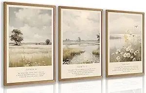 Cyebmo Christian Bible Verse Wall Art, Religious Wall Decor, Neutral Farmhouse Landscape Art Prints, Jesus Scripture Floral Canvas Painting for Church Prayer Room Hospitals Wood Framed 12"x16"x3