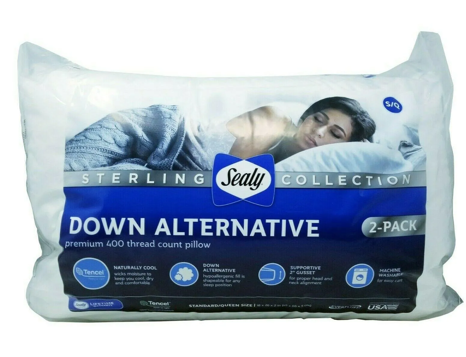 Sealy Sterling Down Alternative 400 Thread Count Pillow, Standard/Queen (2 Pack)