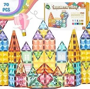 Magnetic Tiles – 70 PCS Crystal Fortress Castle, Magnetic Blocks, Montessori 3D STEM Building Blocks, Sensory for Kids Ages 3-9, Educational and Preschool Toys, Gift for Toddlers, Girls & Boy