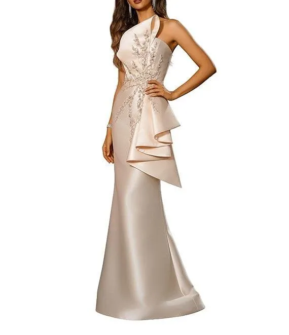 Strapless Beaded Bow Detail Mikado Mermaid Gown