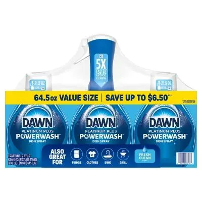 Dawn Platinum Plus Powerwash Dish Spray Bottle Set, Fresh Scent, 1 Spray Bottle + 2 Refills, 64.5 fl. oz.