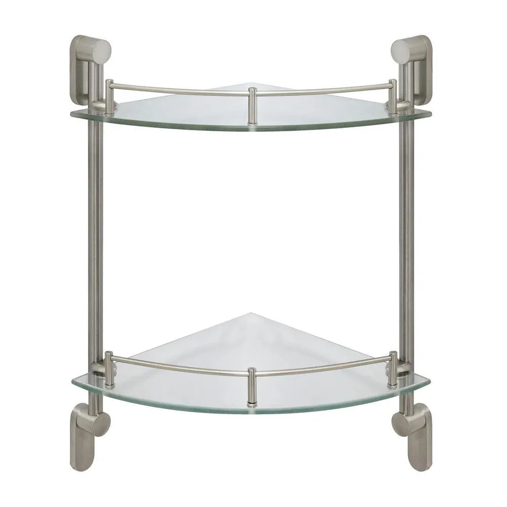 Modona 11-1/2"W x 11-1/2"D x 17-1/2"H Wall-Mount Satin Nickel Double Glass Corner Shelf
