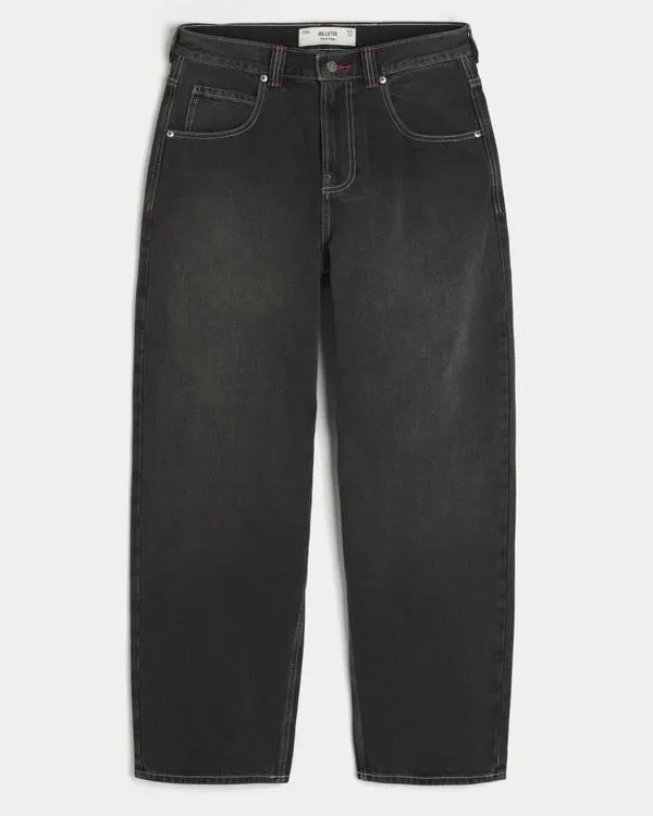 Washed Black Good Luck Embroidery Skater Baggy Jeans