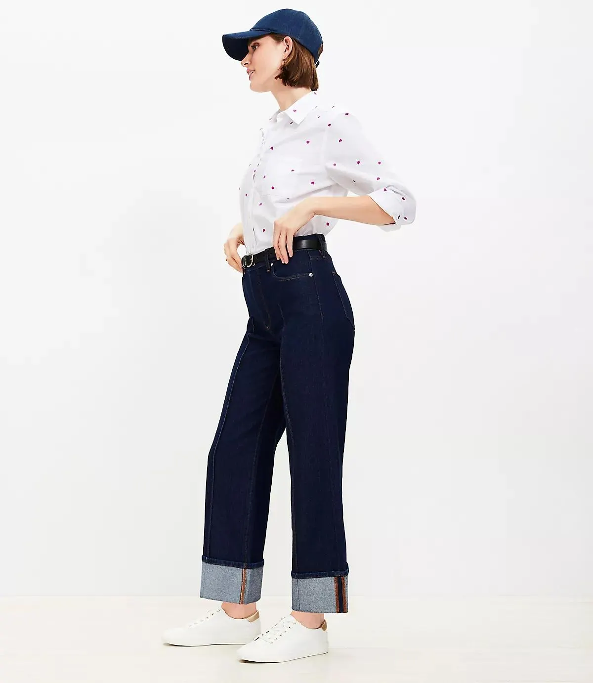 Pintucked Cuffed High Rise Wide Leg Crop Jeans in Dark Rinse