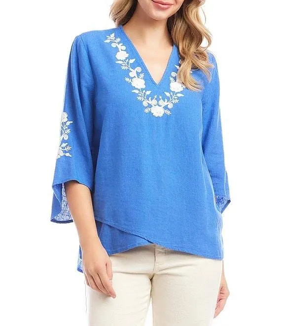 Linen Blend Bracelet Sleeve Embroidered Asymmetric Top
