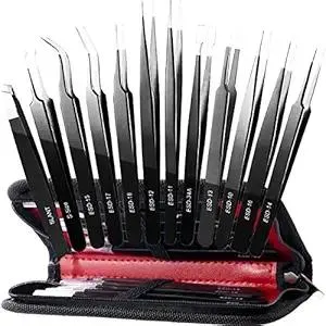 Antonki 12 Pack Precision Tweezers Set for Craft, Soldering, Jewelry, Facial Hair, Eyebrow, Ingrown Hair Removal, Eyelash Extension- with Case