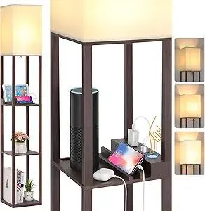 FOLKSMATE Touch Control Shelf LED Floor Lamp with Shelves, Charging USB, Type C Port and Power Outlet, Dimmable Standing Lamp for Living Room, Bedroom