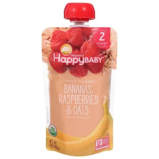 Happy Baby Organics Non-GMO Bananas Raspberries & Oats Stage 2 Baby Food 4 oz bag
