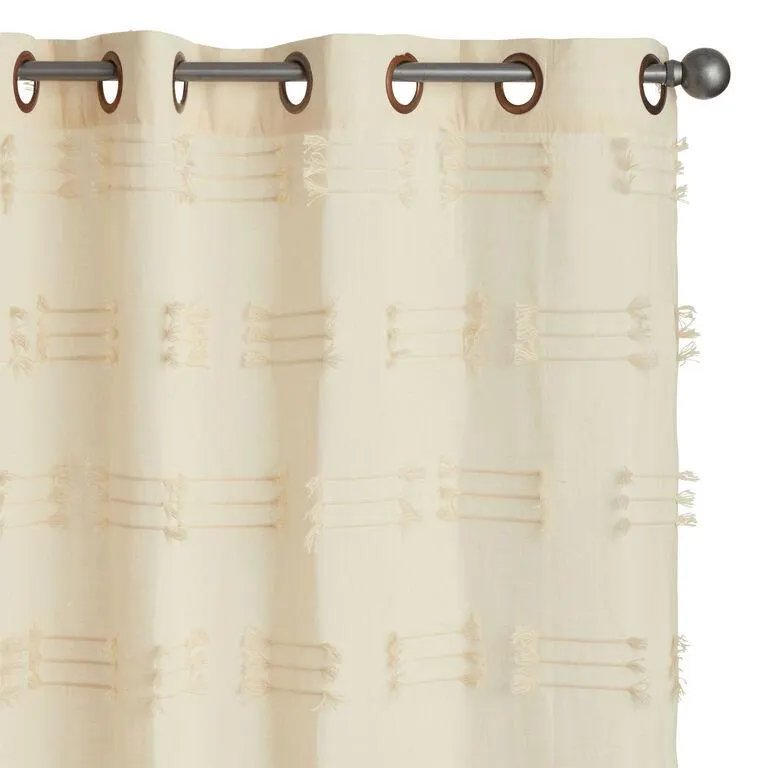 Natural Woven Fringe Lines Grommet Top Curtains Set of 2