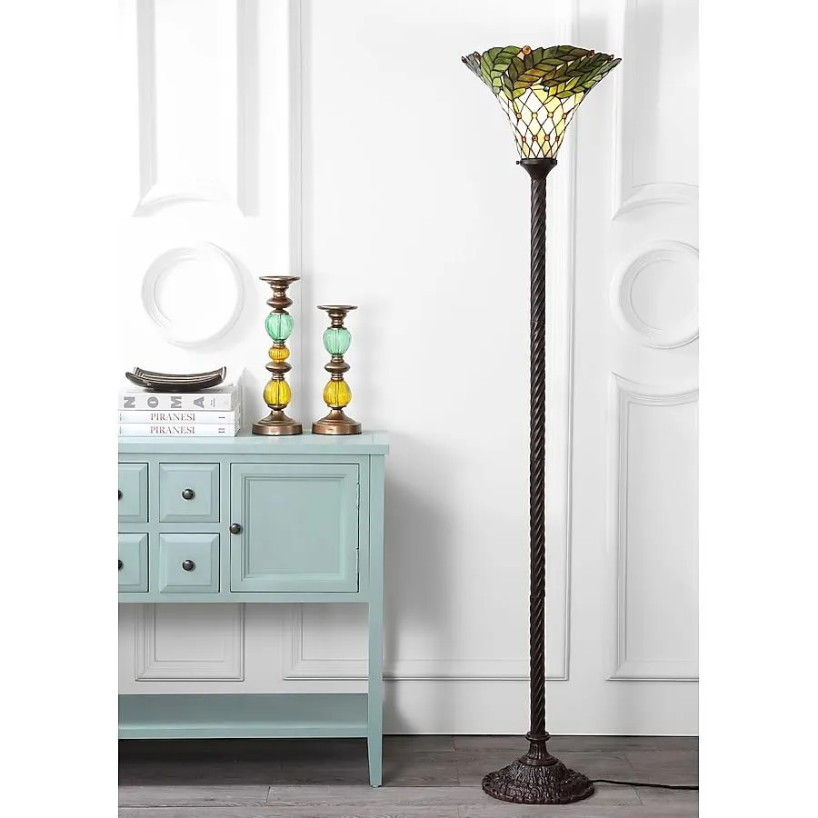 JONATHAN Y Botanical Tiffany-Style Stained Glass/Iron Traditional 71-in Bronze Torchiere Floor Lamp with Glass Shade