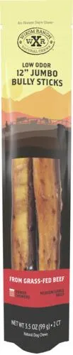 Wixom Ranch Natural Chews Low Odor Jumbo Bully Stick, 12 Inches, 2 Count