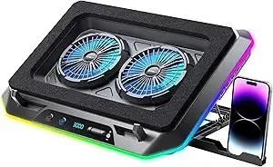 RGB Gaming Laptop Cooling Pad with Two Turbo Fan, Rapid Cooling for 15.6-19.3" Laptops, Variable Speed Control, 6 Adjustable Heights A5