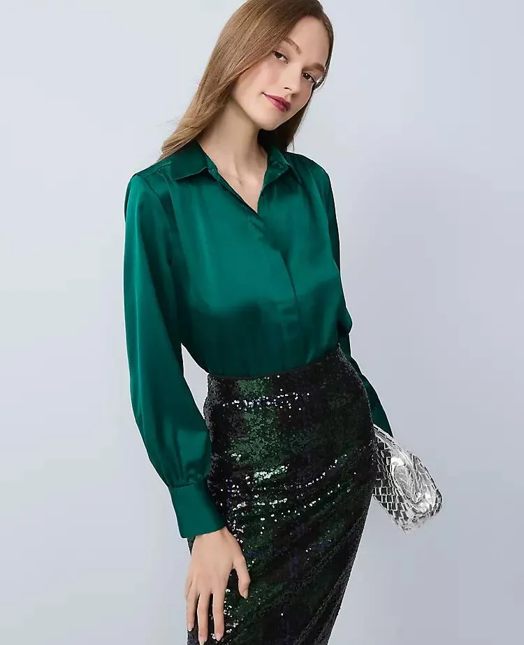 Collared Shirred Yoke Button Down Shirt