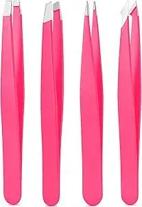 Tweezers Set, High Precision Stainless Steel Eyebrow Tweezers for Facial Hair, Inward Growing Hair and Splinter Remover Kit, Suitable for Women and Men, 4-Piece Set. (pink)