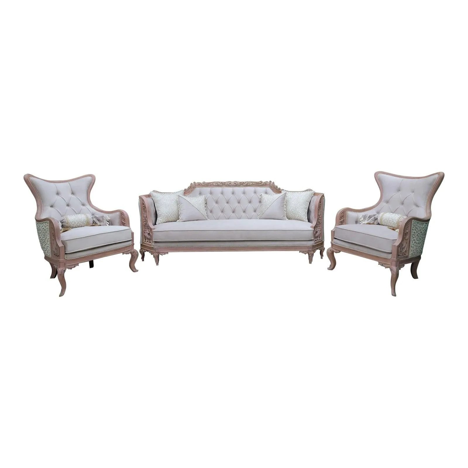 Mid 20th Century French Art Deco Living Room Set , Sofa and Armchairs Tufted Velvet Aged Finished Frame- 3 Pieces