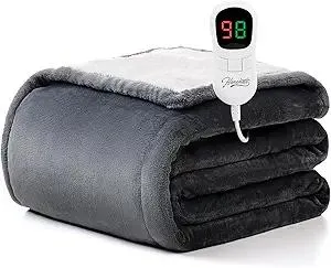 Homemate Heated Blanket Electric Throw - 50"x60" Heating Blanket Throw 1/2/4/6/8 Hours Auto-Off 10 Heat Level Over-Heat Protection Flannel Sherpa ETL Certification
