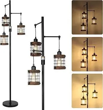Airposta Dimmable Floor Lamps for Living Room, 3-Light Industrial Floor Lamp with Wood & Metal Cage, Farmhouse Standing Lamp Tall Tree Lamp for Bedroom Office, Rustic Black Tall Floor Lamp for Corner