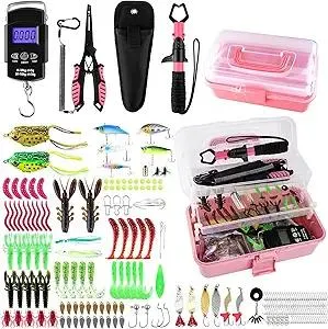 3-Layer Pink Fishing Tackle Box with Tackle Included, Fishing Gear Kit Includes Pliers Fish Lip Gripper Scale Crankbait Spinnerbaits Soft Baits Hooks, Ideal Gift for Angler Saltwater Freshwater