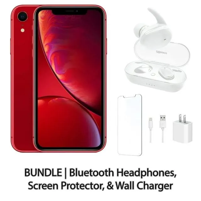 Restored Apple iPhone XR 128GB Red Fully Unlocked Bundle: Bluetooth Headphones, Screen Protector, & Wall Charger (Refurbished)
