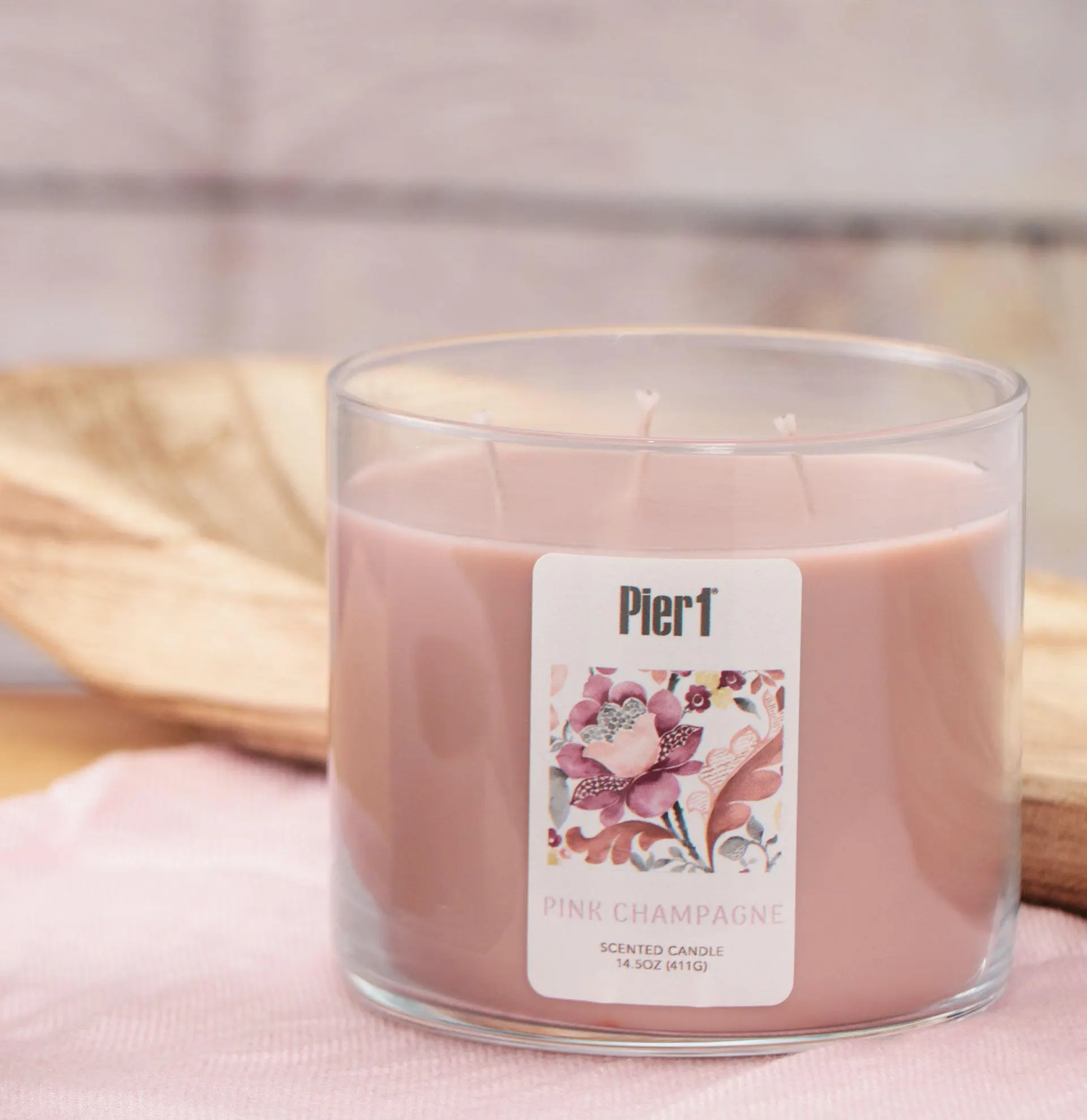 Pier 1 Pink Champagne Filled 3-Wick Candle 14.5oz