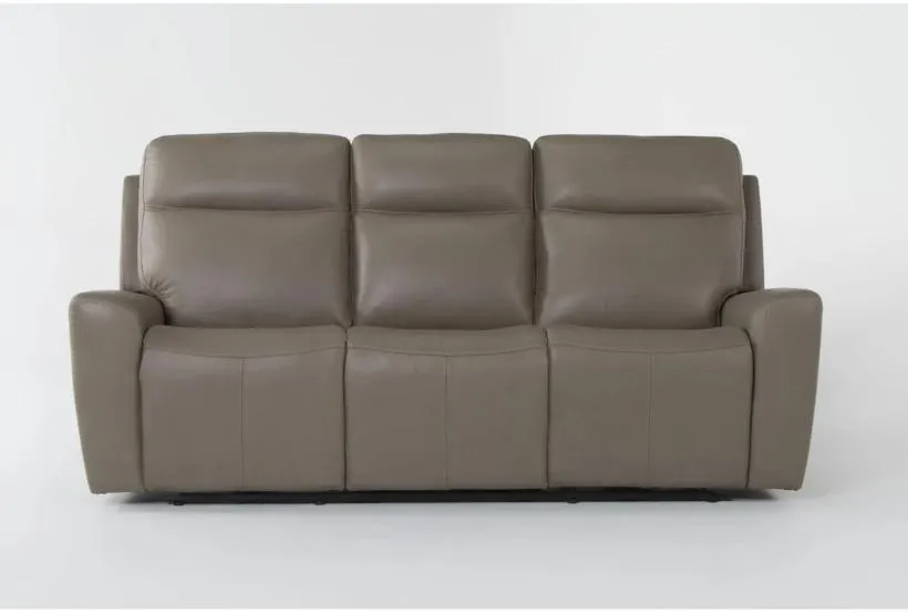 Samuel Taupe Leather 86" Flexsteel Power Zero Gravity Reclining Sofa With Power Headrest Power Lumbar Drop Down Tray Wireless Charging & USB